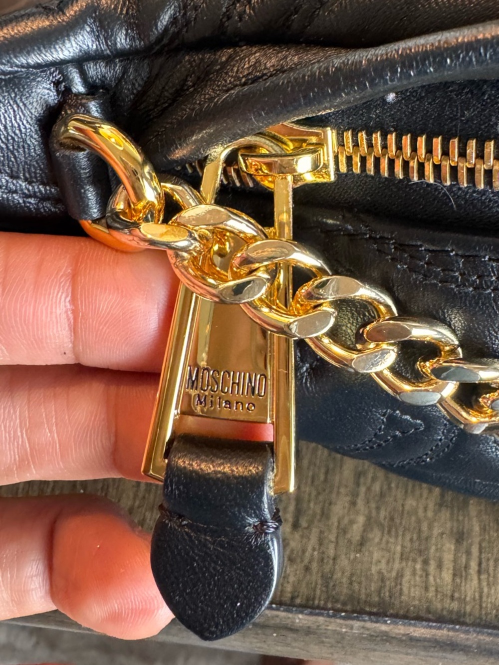 Moschino Black Quilted Leather Crossbody with Gold Logo Chain - Picture 12 of 15